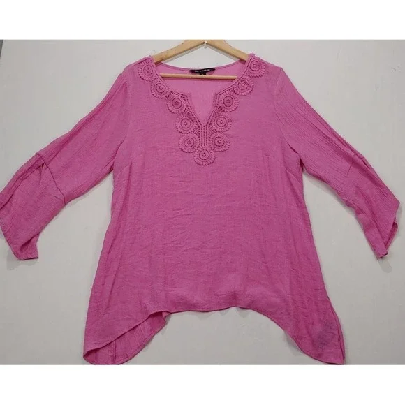 Zac & Rachel Womens Pink Crochet ‎ Blouse XL 3/4 Sleeve High Low Hem Lightwei - Picture 2 of 11